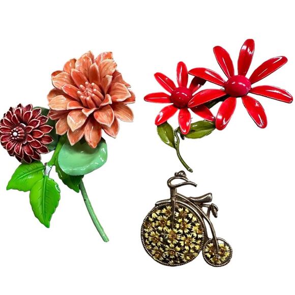 Vintage Pin/Brooch Bundle of 3 with 2-Floral and 1-vintage style bicycle - Picture 1 of 12
